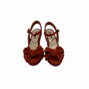 Prada Rust Suede Wedge Slingback Espadrille Sandals Bow Logo Accent Size 37.5